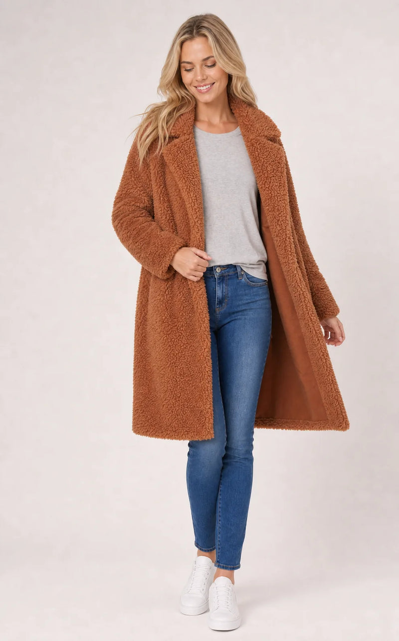 Sofaine Layla longline teddy fleece coat in Chocolate, worn front