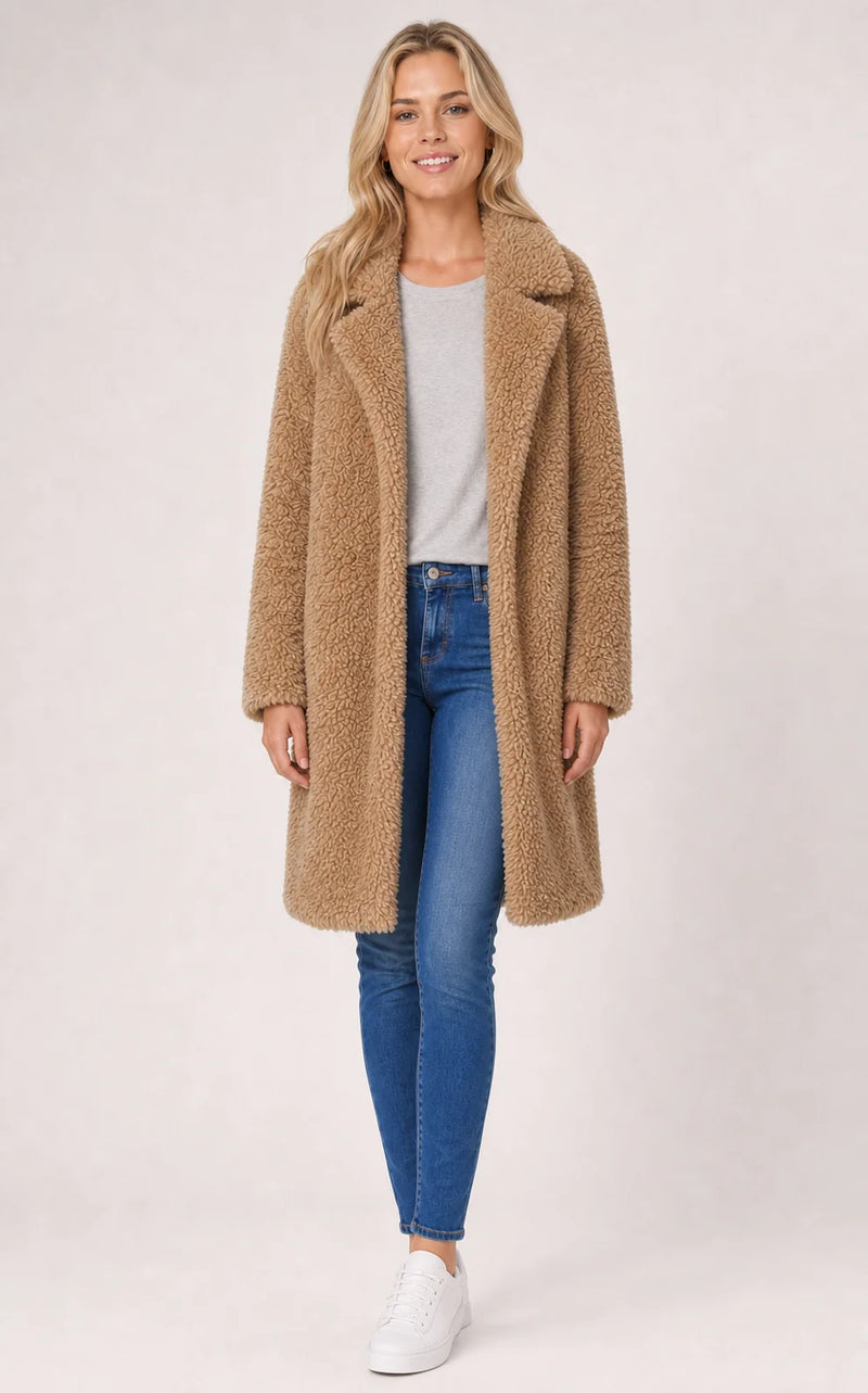 Sofaine Layla longline teddy fleece coat in Camel, worn front