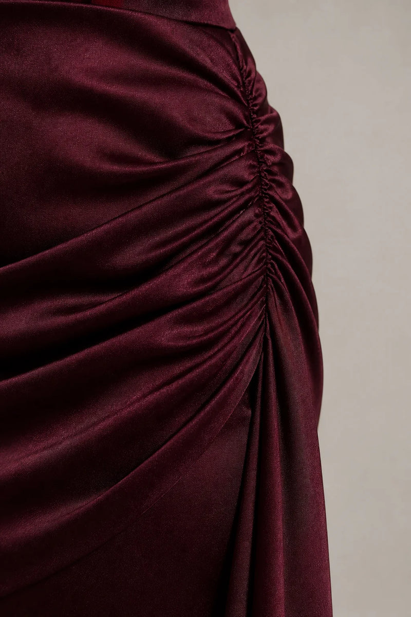 Sofaine Leah women's strapless satin corset mini dress in Burgundy, ruched satin detail