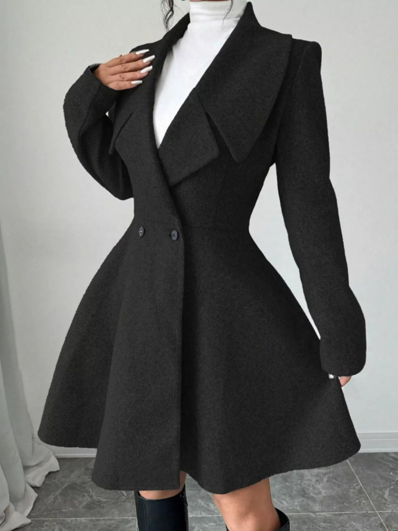 Fit and Flare Wool-Look Coat for Women with Wide Lapels and Button Front in Black, angled front view