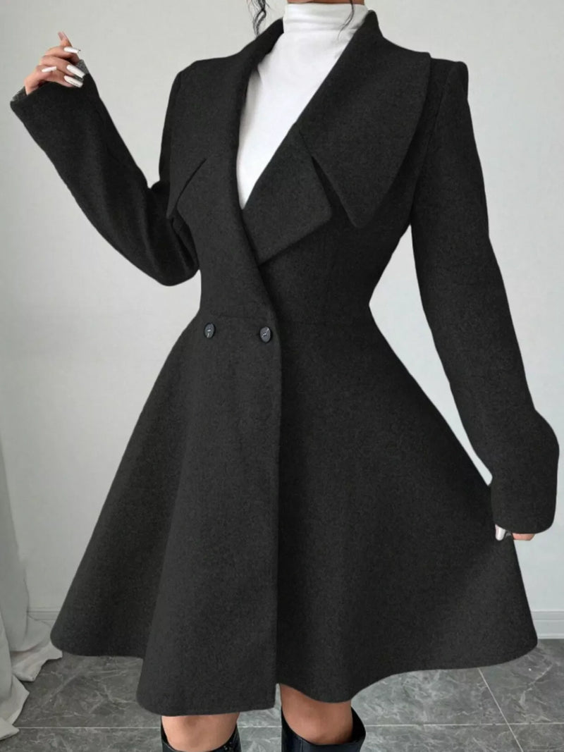 Fit and Flare Wool-Look Coat for Women with Wide Lapels and Button Front in Black, front view