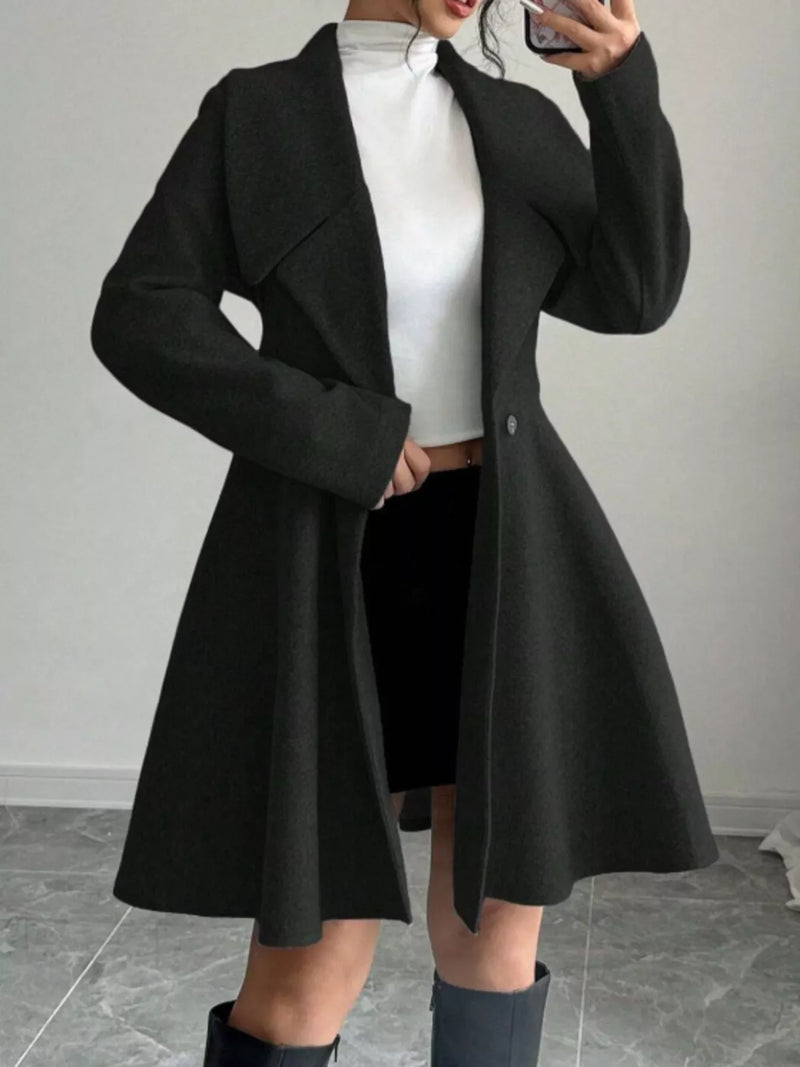 Fit and Flare Wool-Look Coat for Women with Wide Lapels and Button Front in Black, open front view