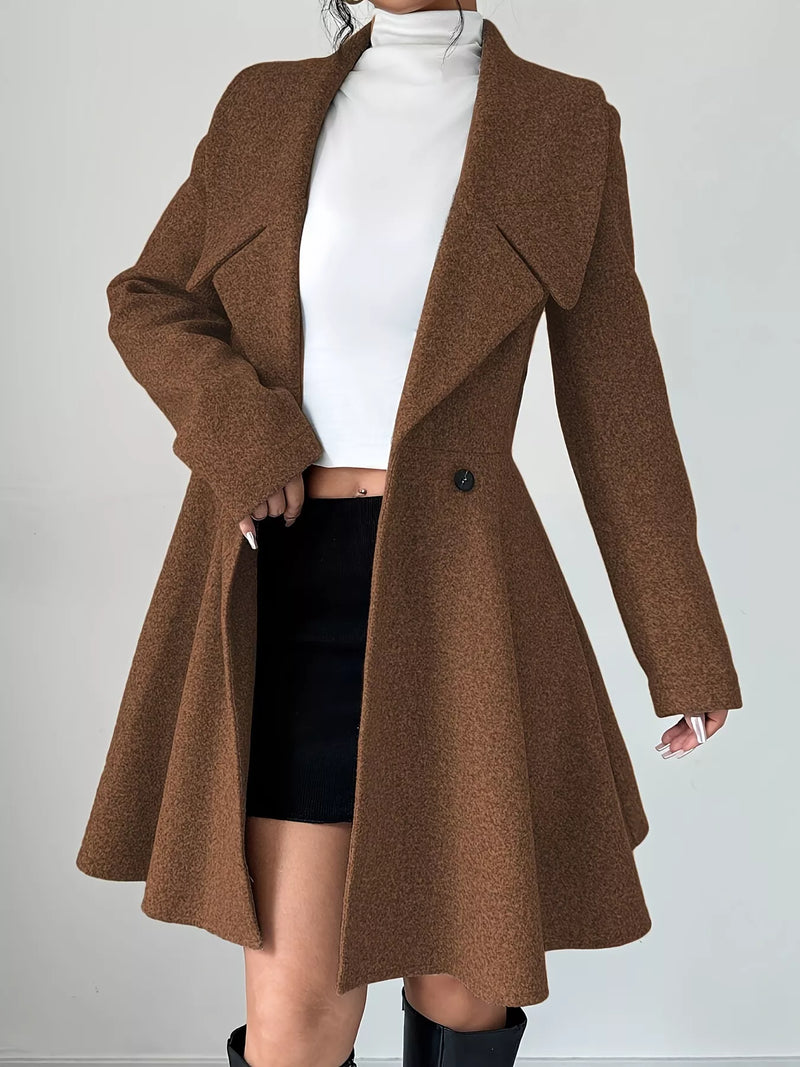 Fit and Flare Wool-Look Coat for Women with Wide Lapels and Button Front in Brown, angled open front view