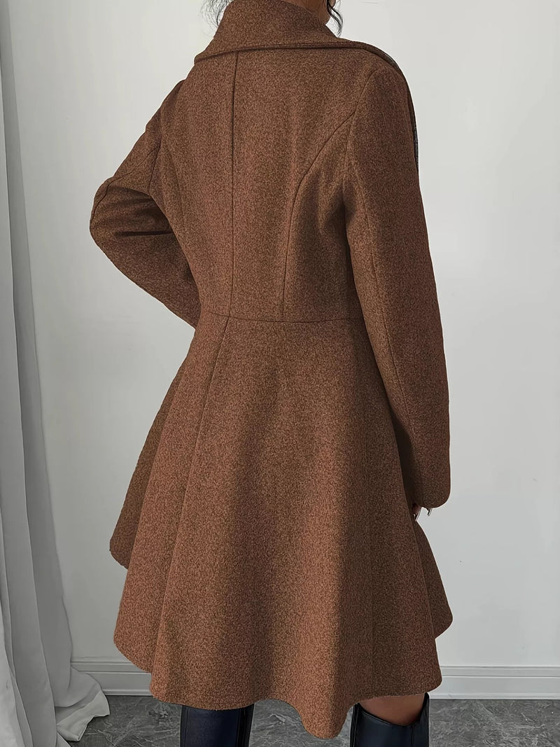 Fit and Flare Wool-Look Coat for Women with Wide Lapels and Button Front in Brown, back view