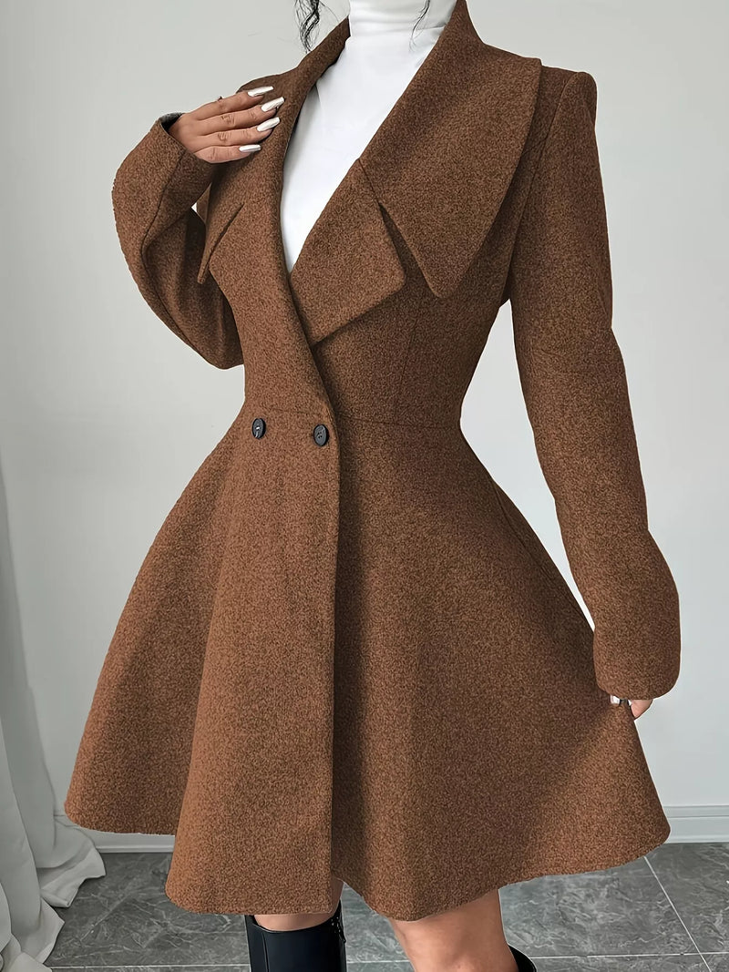 Fit and Flare Wool-Look Coat for Women with Wide Lapels and Button Front in Brown, closed front view