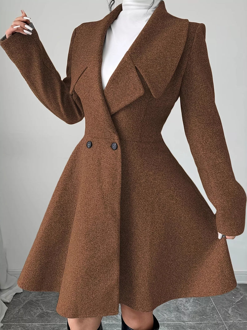 Fit and Flare Wool-Look Coat for Women with Wide Lapels and Button Front in Brown, front view