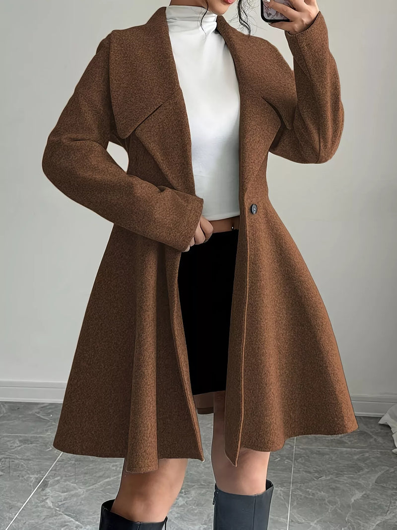 Fit and Flare Wool-Look Coat for Women with Wide Lapels and Button Front in Brown, open front view