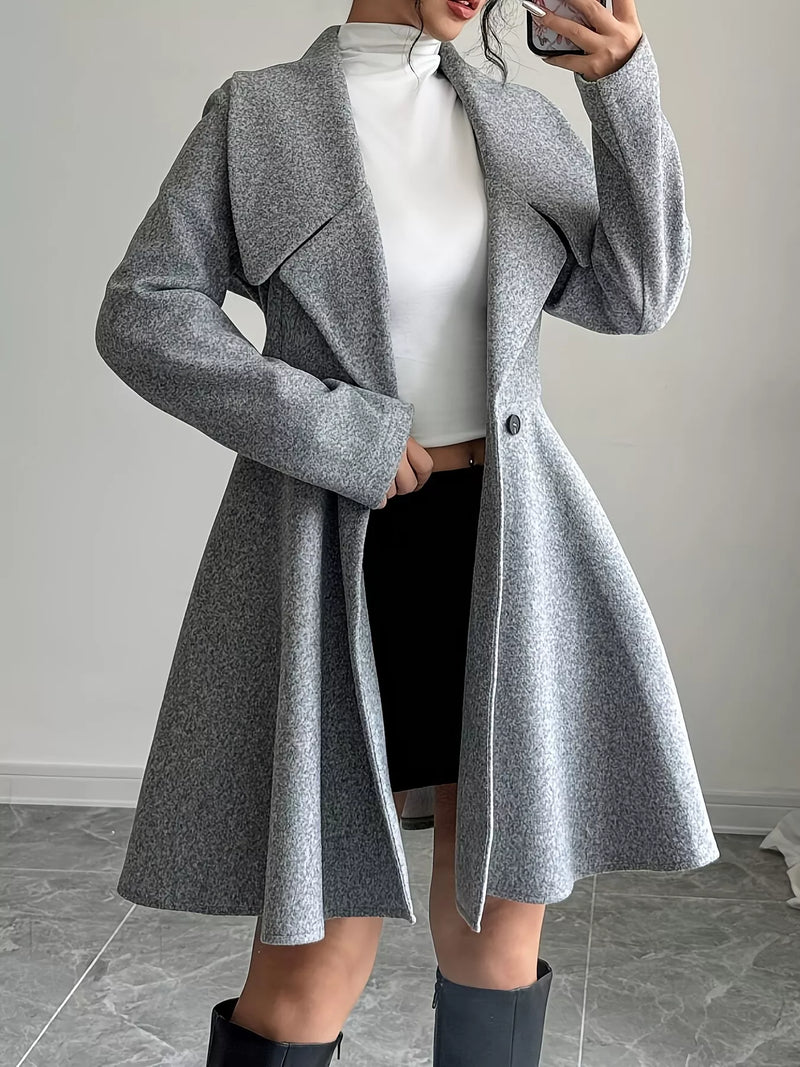 Fit and Flare Wool-Look Coat for Women with Wide Lapels and Button Front in Gray, angled open front view