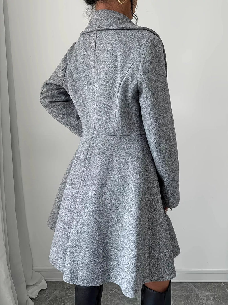 Fit and Flare Wool-Look Coat for Women with Wide Lapels and Button Front in Gray, back view