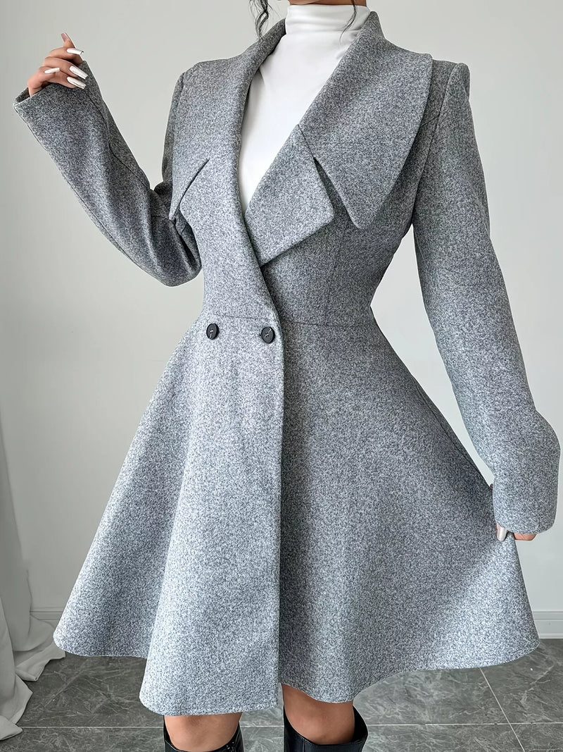 Fit and Flare Wool-Look Coat for Women with Wide Lapels and Button Front in Gray, closed front view