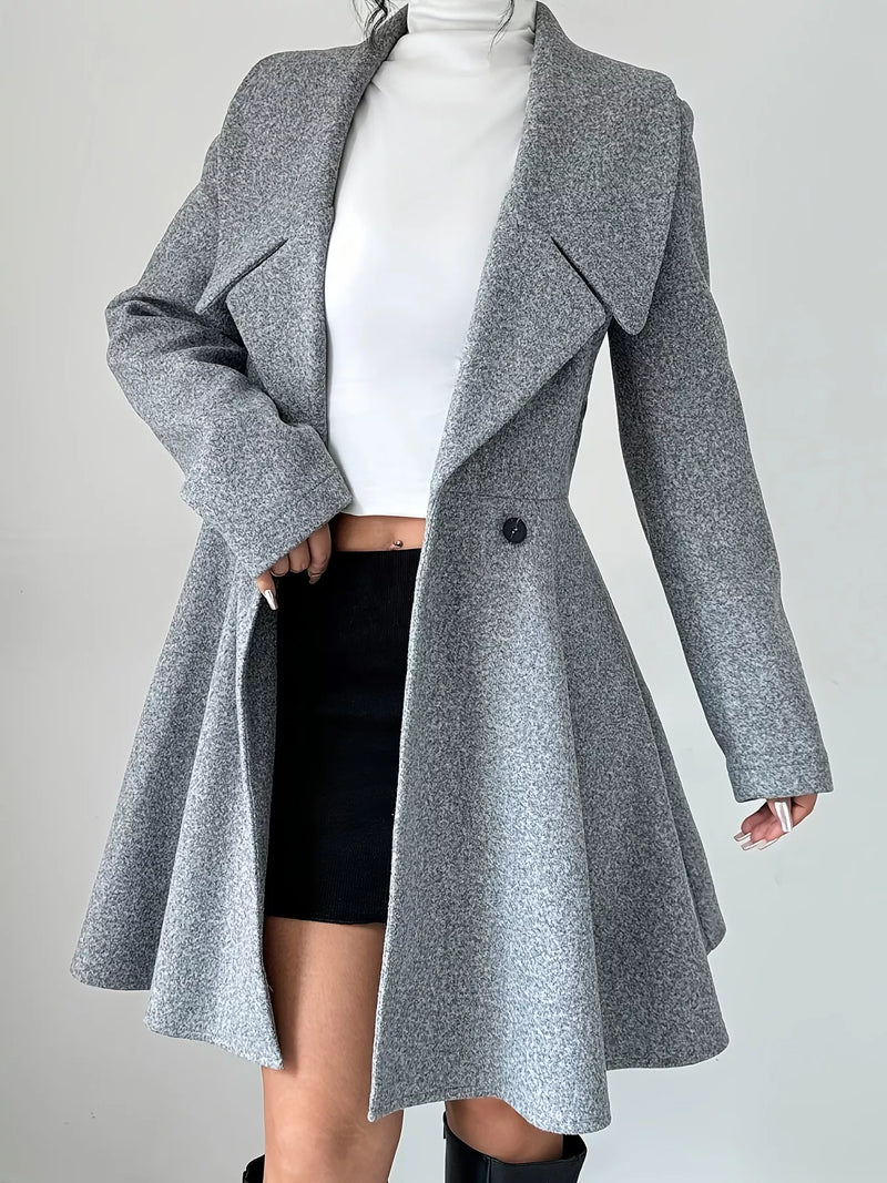 Fit and Flare Wool-Look Coat for Women with Wide Lapels and Button Front in Gray, open front view