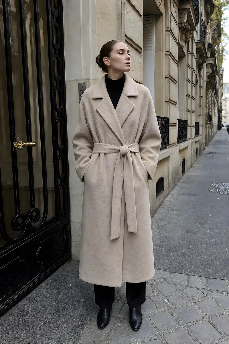 SOFAINE-V7-LIFE-Leighton | Belted Longline Coat in Beige, street-style view