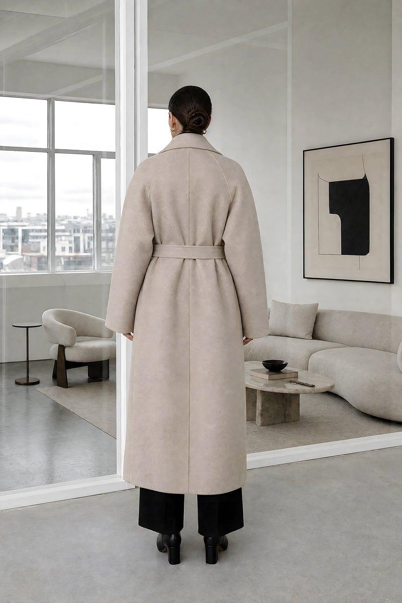 Leighton | Belted Longline Coat in Beige, studio back view