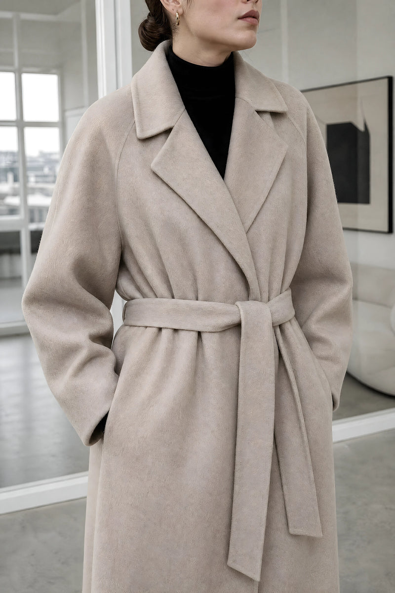 Leighton | Belted Longline Coat in Beige, fabric close-up