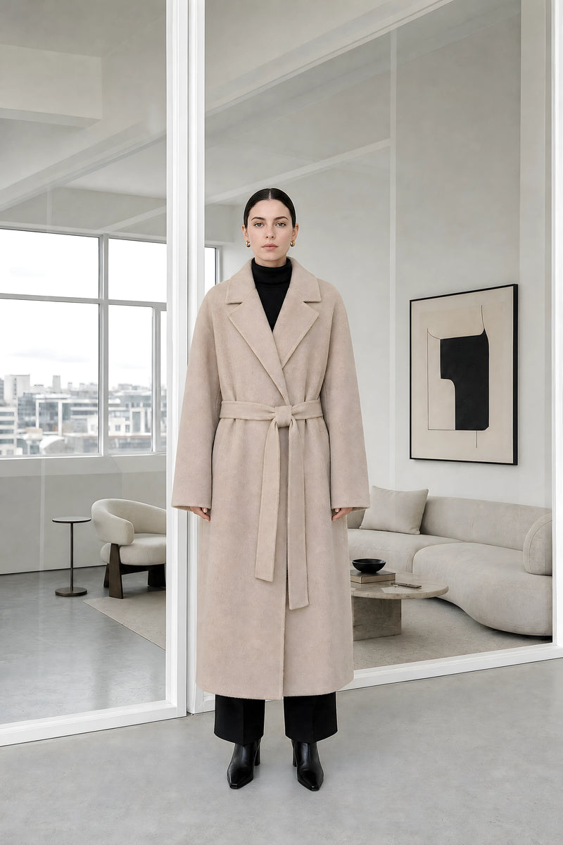 Leighton | Belted Longline Coat in Beige, studio front view