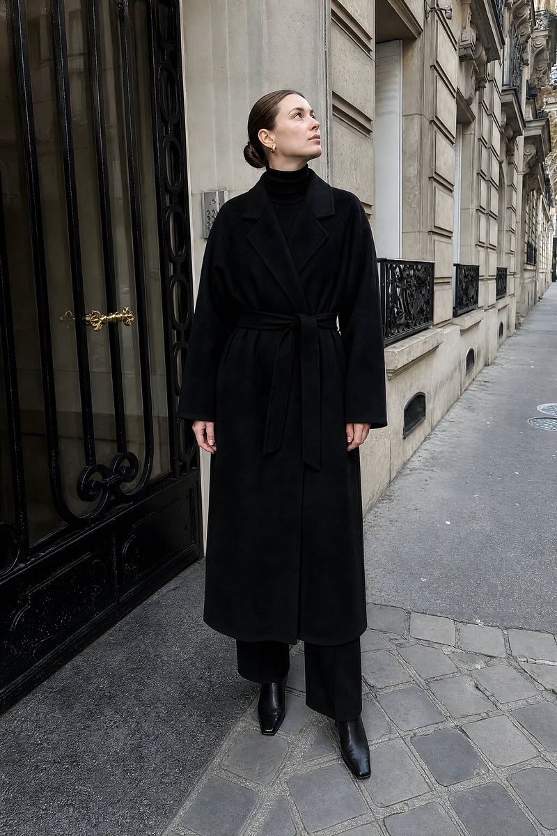 SOFAINE-V7-LIFE-Leighton | Belted Longline Coat in Black, street-style view