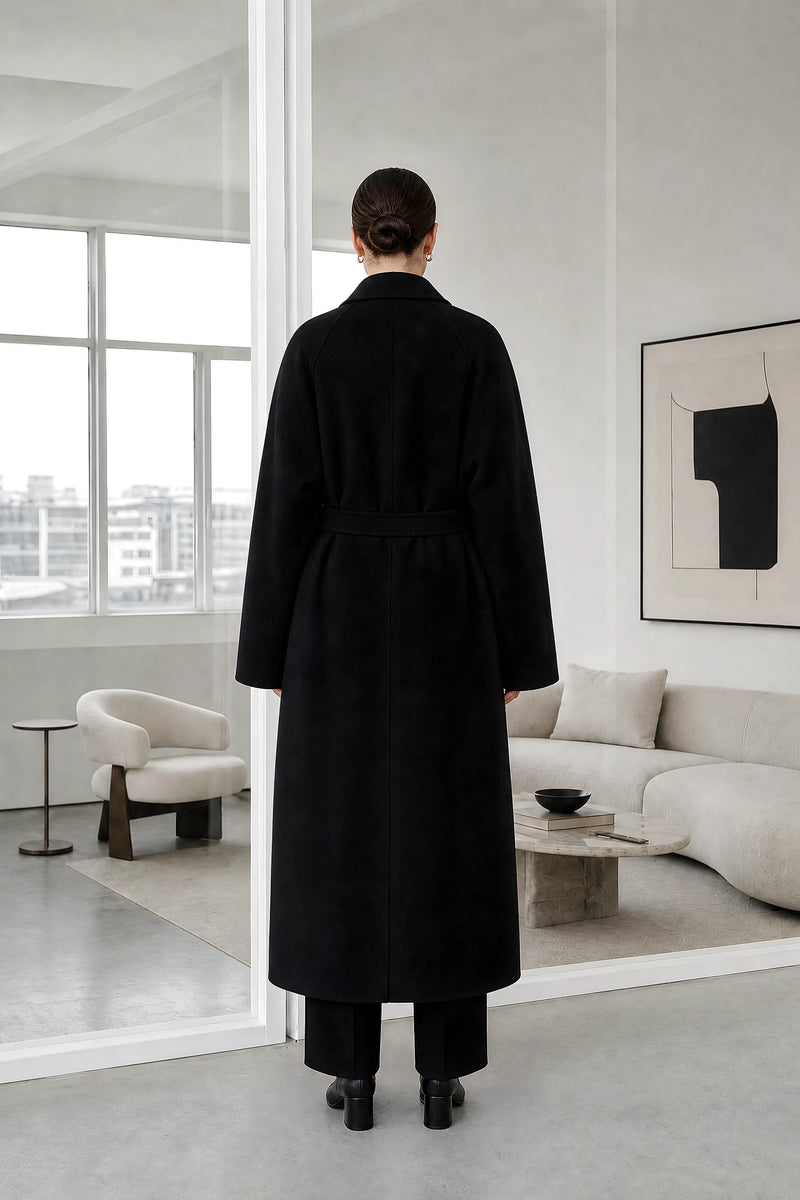 Leighton | Belted Longline Coat in Black, studio back view