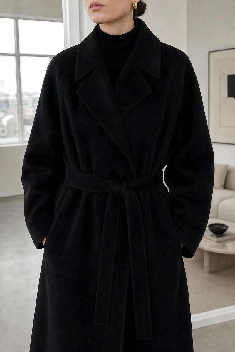 Leighton | Belted Longline Coat in Black, fabric close-up