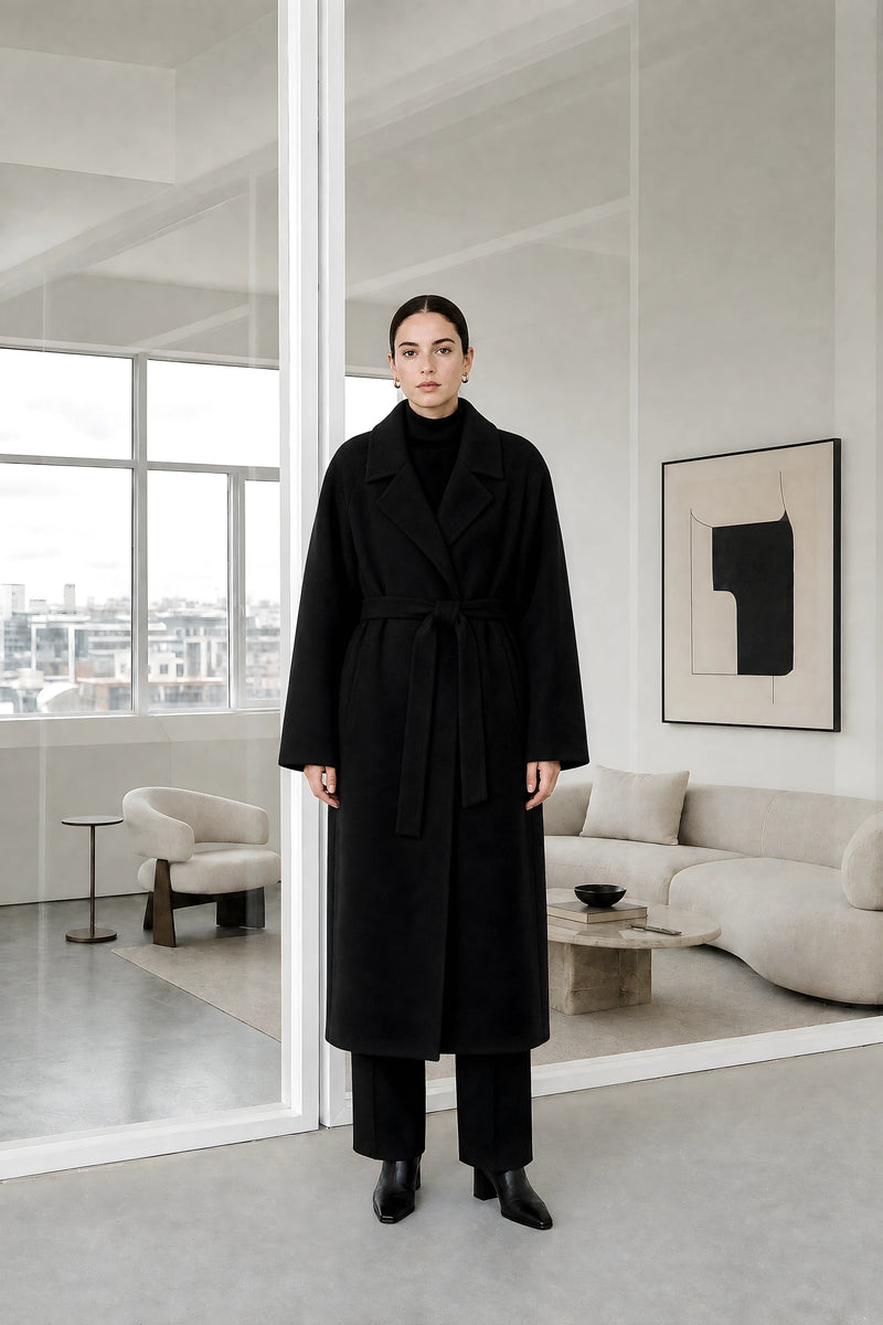 Leighton | Belted Longline Coat in Black, studio front view
