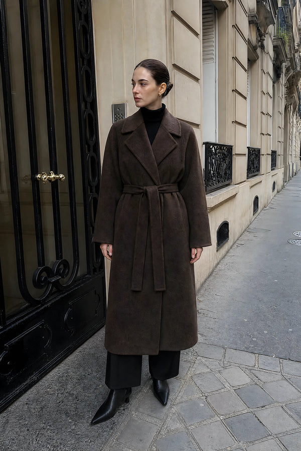 SOFAINE-V7-LIFE-Leighton | Belted Longline Coat in Brown, street-style view