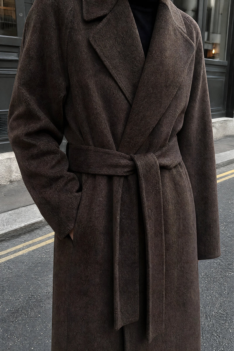 SOFAINE-V7-LIFE-Leighton | Belted Longline Coat in Brown, detail close-up