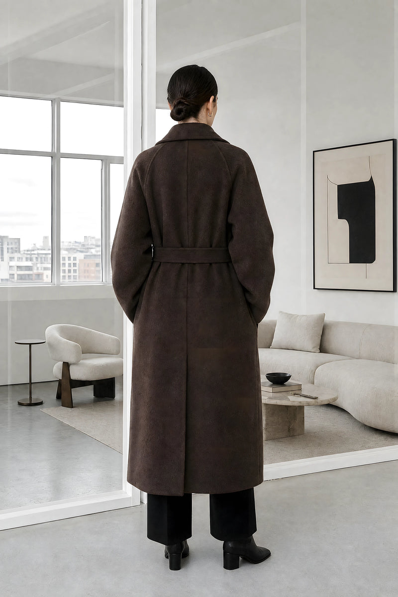 Leighton | Belted Longline Coat in Brown, studio back view