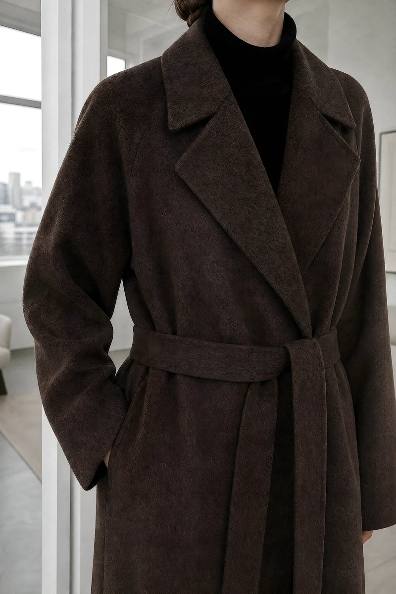 Leighton | Belted Longline Coat in Brown, fabric close-up