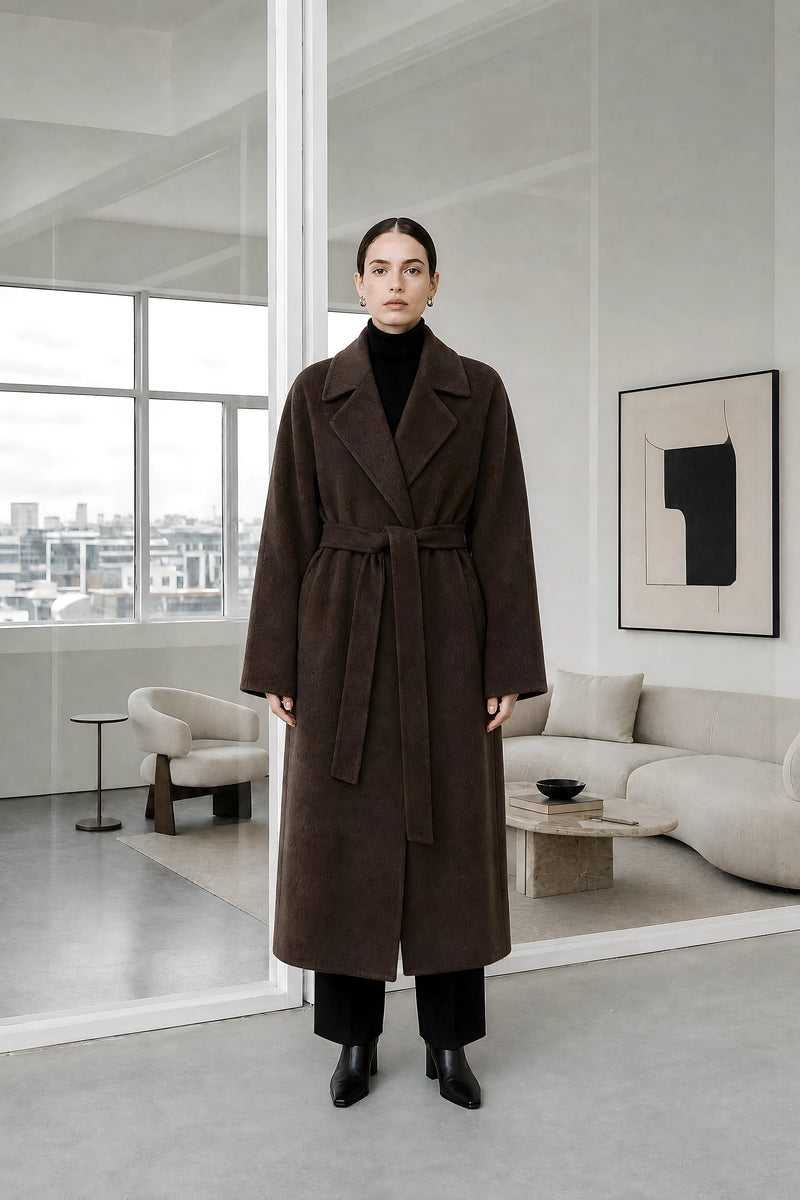 Leighton | Belted Longline Coat in Brown, studio front view