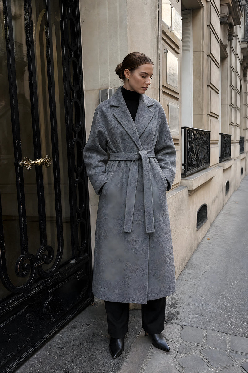 SOFAINE-V7-LIFE-Leighton | Belted Longline Coat in Gray, street-style view