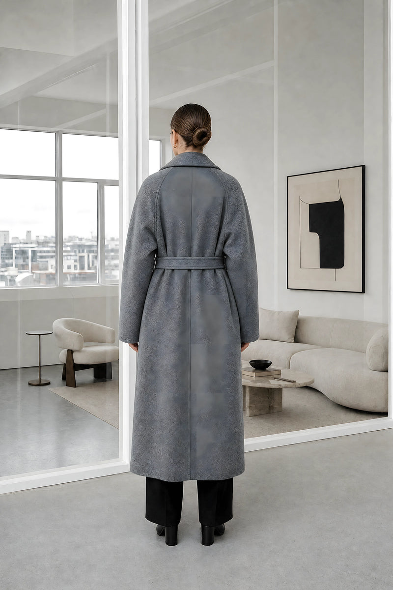Leighton | Belted Longline Coat in Gray, studio back view