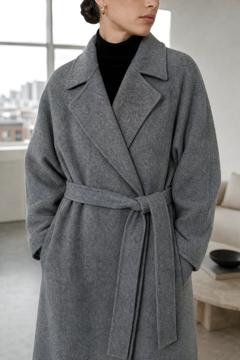 Leighton | Belted Longline Coat in Gray, fabric close-up