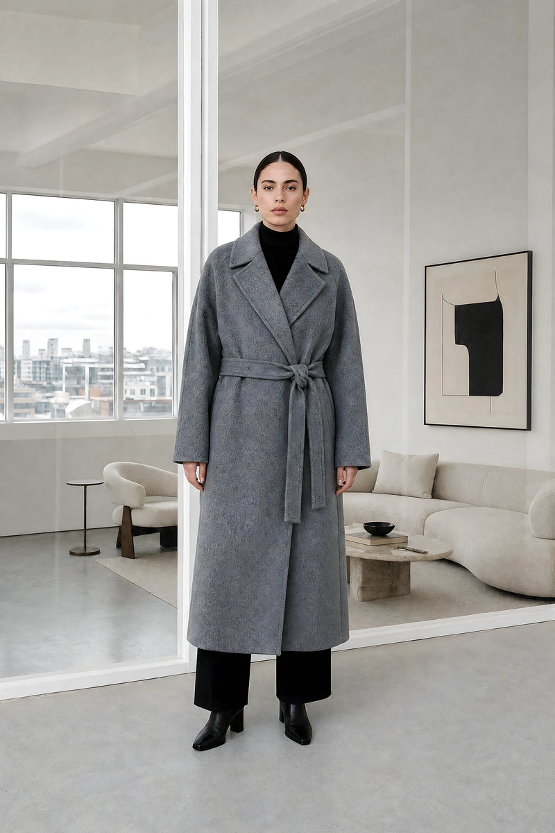 Leighton | Belted Longline Coat in Gray, studio front view