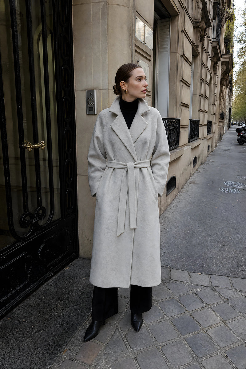 SOFAINE-V7-LIFE-Leighton | Belted Longline Coat in Light Gray, street-style view