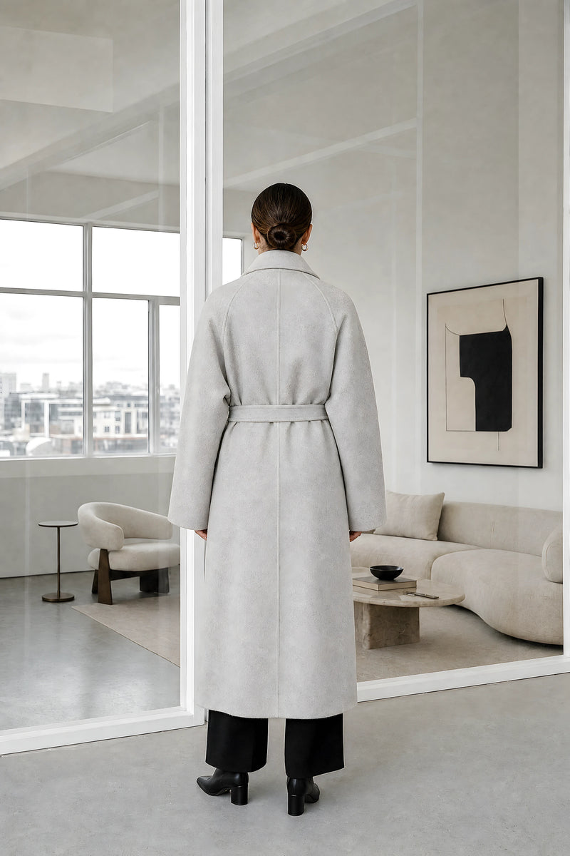 Leighton | Belted Longline Coat in Light Gray, studio back view