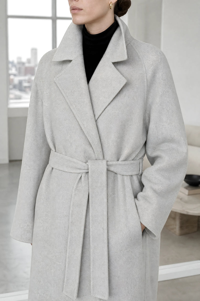 Leighton | Belted Longline Coat in Light Gray, fabric close-up