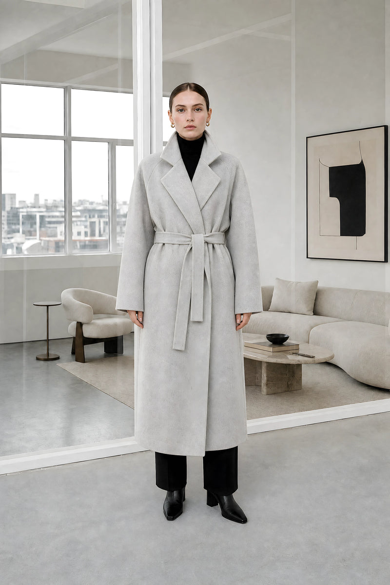 Leighton | Belted Longline Coat in Light Gray, studio front view