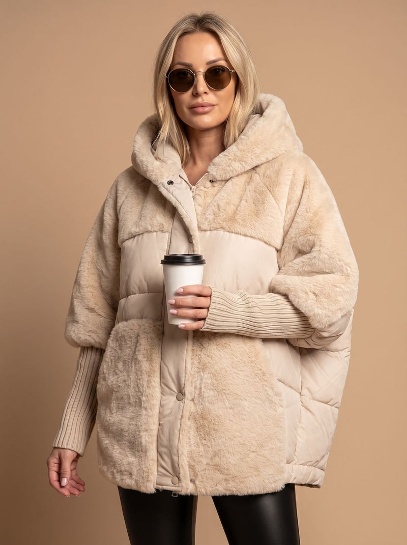 Oversized Faux Fur Puffer Jacket for Women with Hood and Knit Sleeves in Beige, front view