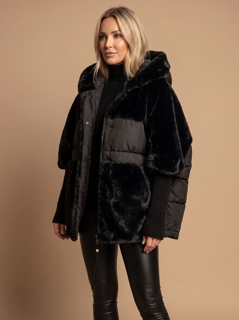 Oversized Faux Fur Puffer Jacket for Women with Hood and Knit Sleeves in Black, front view