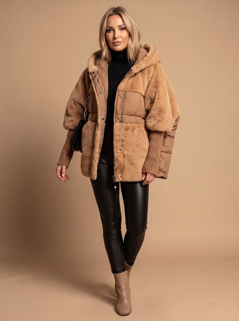 Oversized Faux Fur Puffer Jacket for Women with Hood and Knit Sleeves in Dark Khaki, full length view