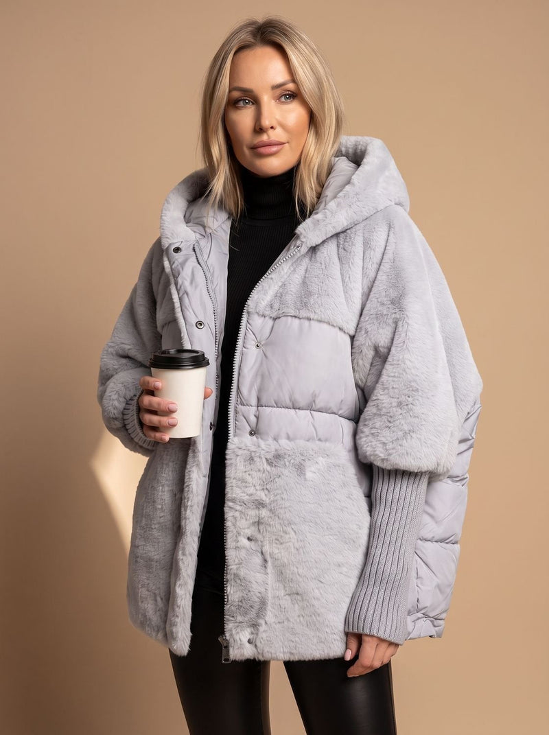 Oversized Faux Fur Puffer Jacket for Women with Hood and Knit Sleeves in Gray, front view