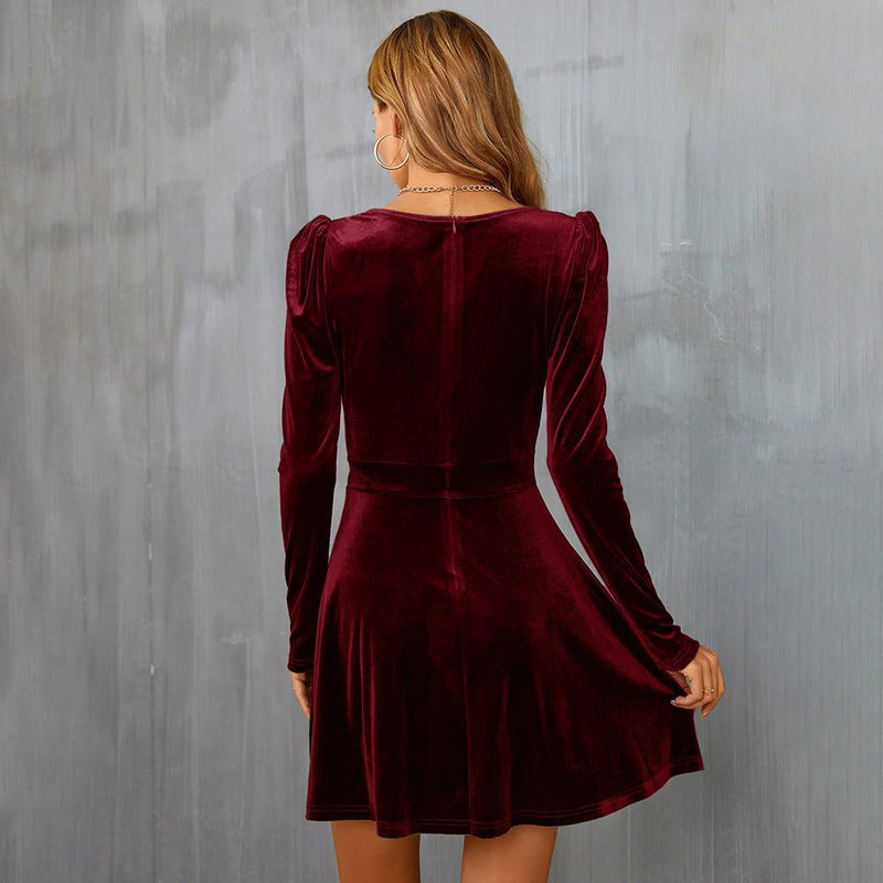 Velvet Wrap Mini Dress for Women with V Neck and Long Puff Sleeves in Burgundy, back view