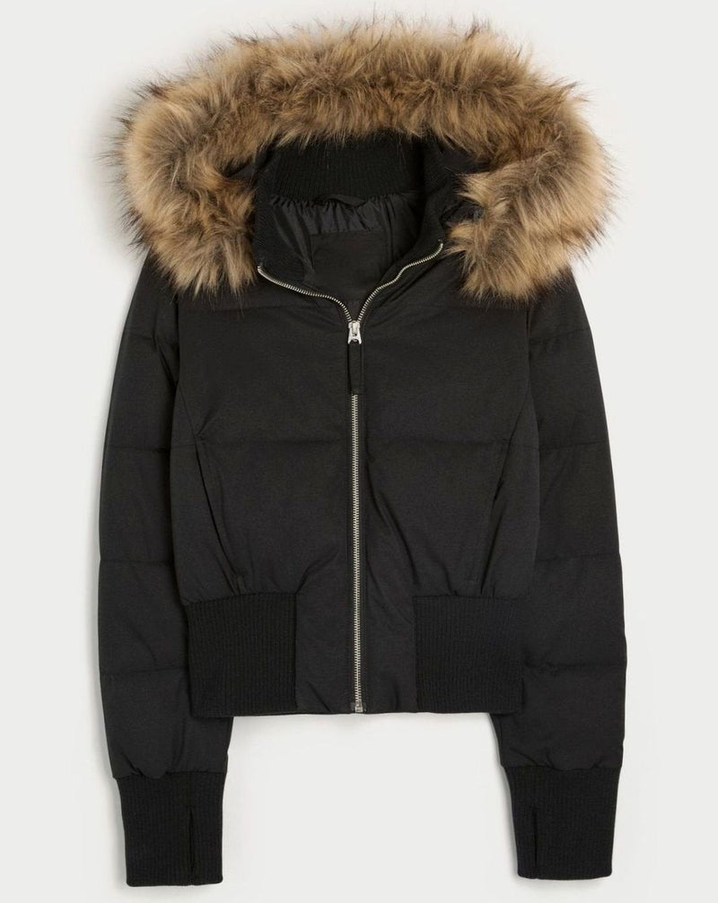 Cropped Puffer Jacket for Women with Faux Fur Hood and Stand Collar in Black, studio front view
