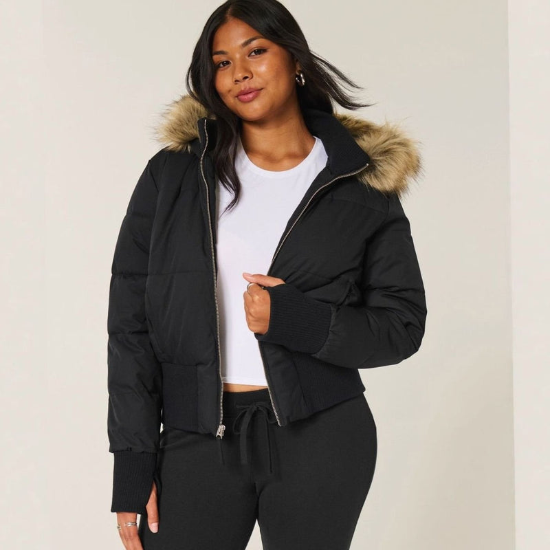 Cropped Puffer Jacket for Women with Faux Fur Hood and Stand Collar, studio side view