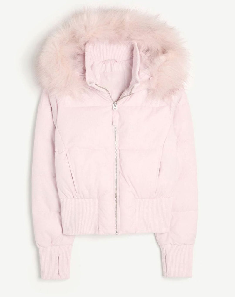 Cropped Puffer Jacket for Women with Faux Fur Hood and Stand Collar in Pink, studio front view
