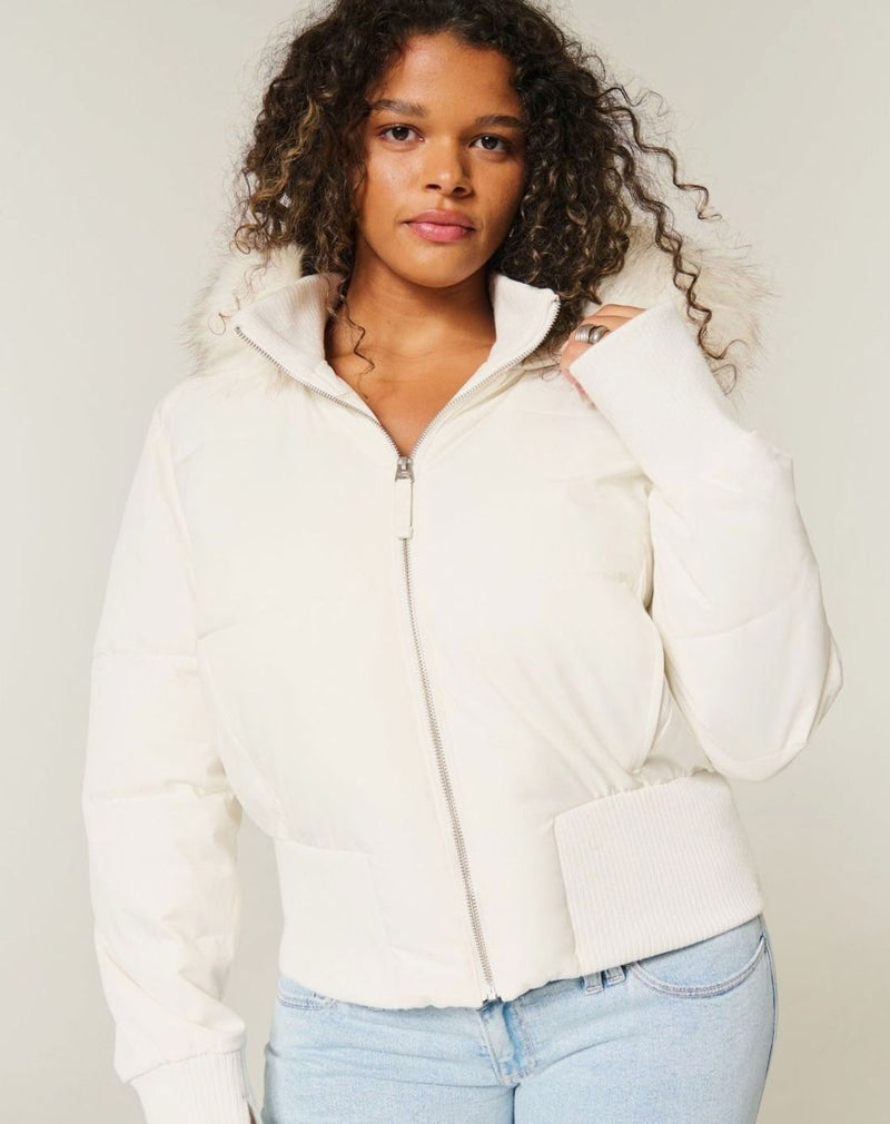 Cropped Puffer Jacket for Women with Faux Fur Hood and Stand Collar in White, studio front view