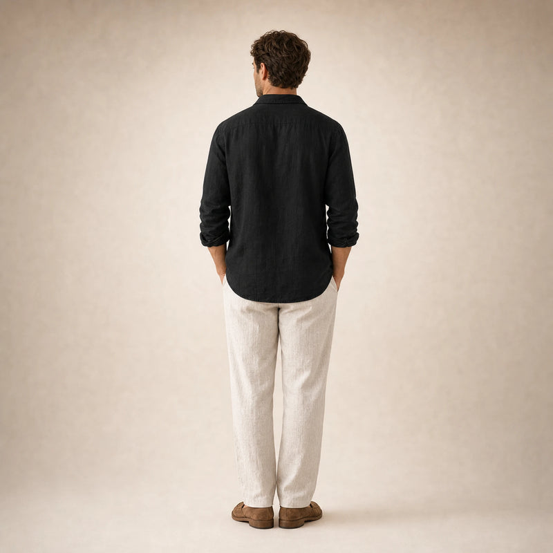 SOFAINE-V5-2026-07-07 Sofaine Leo long-sleeve linen shirt in Black, worn back