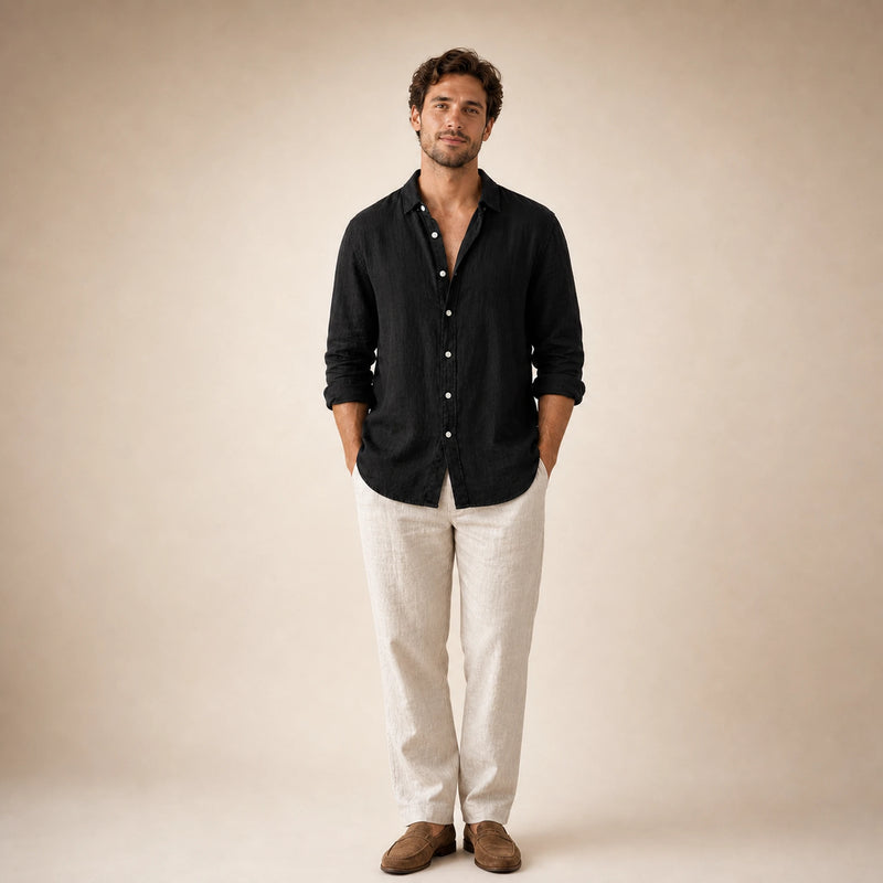 SOFAINE-V5-2026-07-07 Sofaine Leo long-sleeve linen shirt in Black, worn collar and placket detail