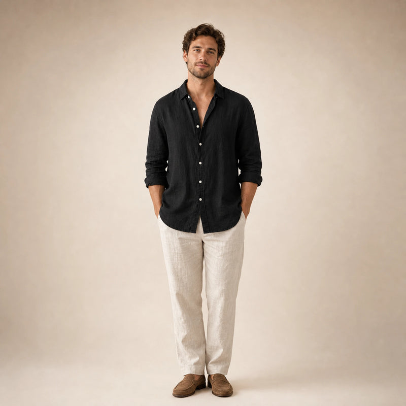 SOFAINE-V5-2026-07-07 Sofaine Leo long-sleeve linen shirt in Black, worn front hero