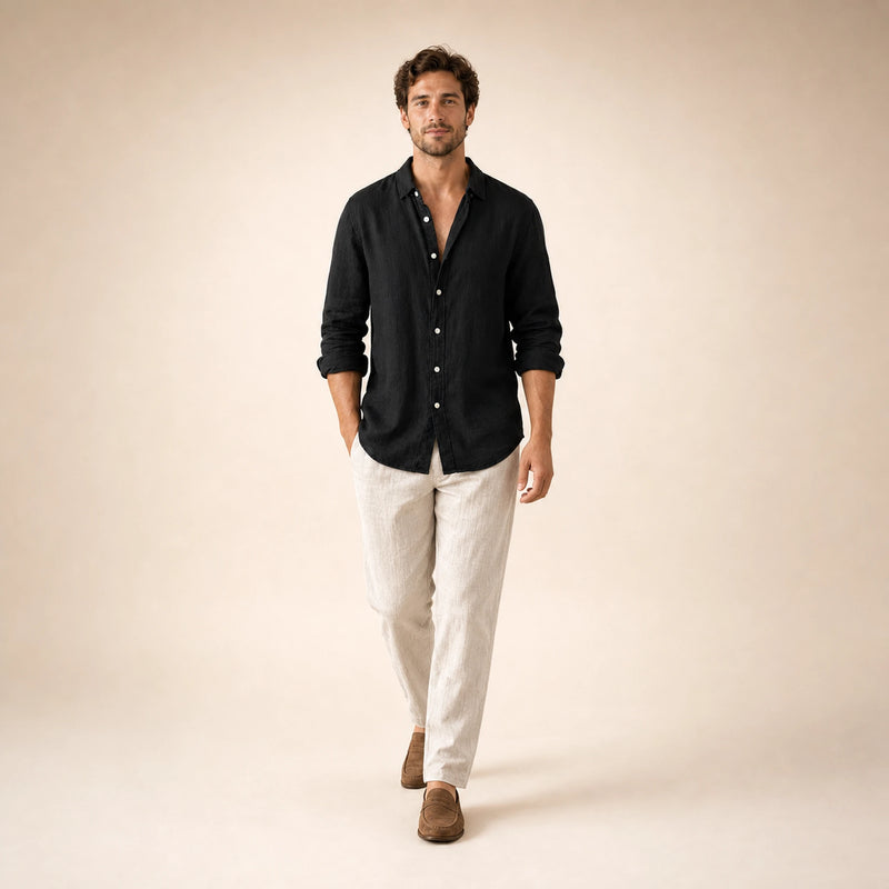 SOFAINE-V5-2026-07-07 Sofaine Leo long-sleeve linen shirt in Black, styled full look