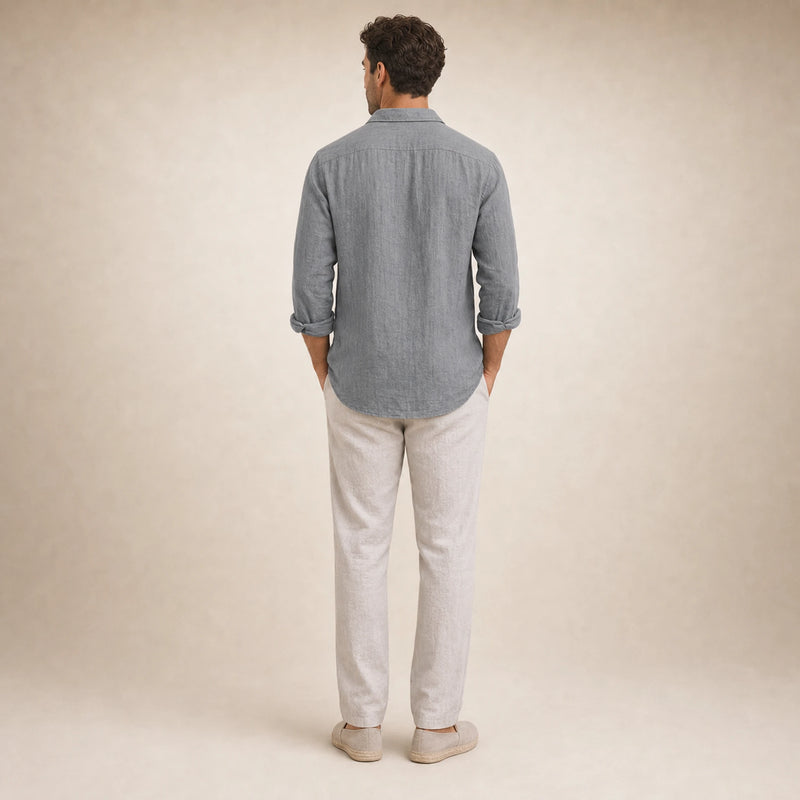 SOFAINE-V5-2026-07-07 Sofaine Leo long-sleeve linen shirt in Gray, worn back